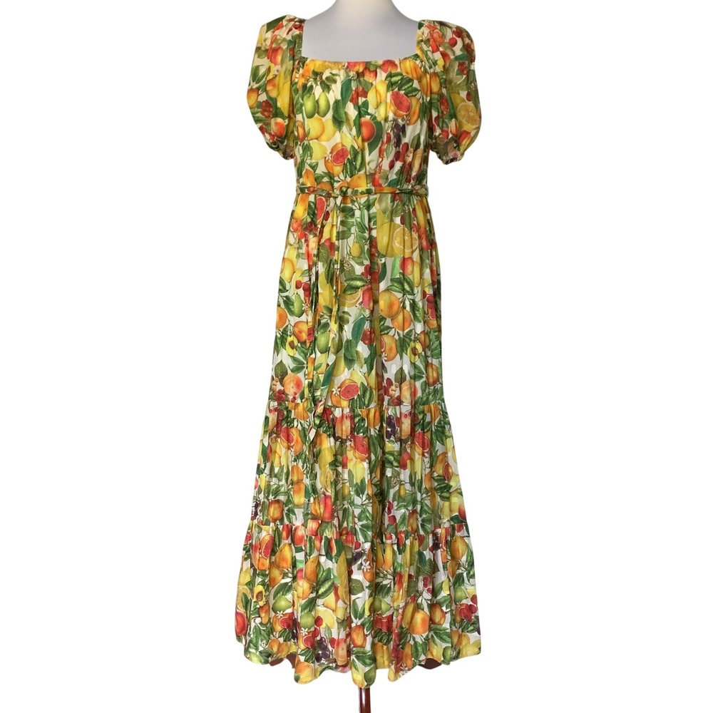 Antonio Melani size 6 Fruit Print Cotton Maxi Dress Square Neck Tiered Belted